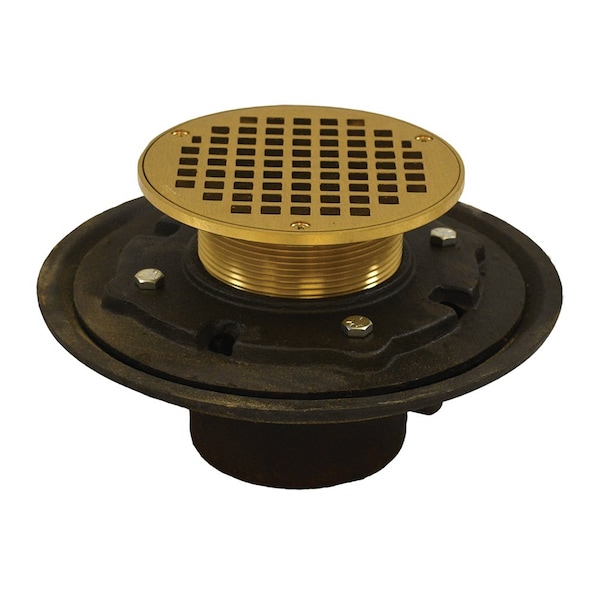Jones Stephens 4in Heavy Duty No Hub Floor Drain/Shower Drain, 10in Pan, 6in Polished Brass Round Strainer D80209 - main